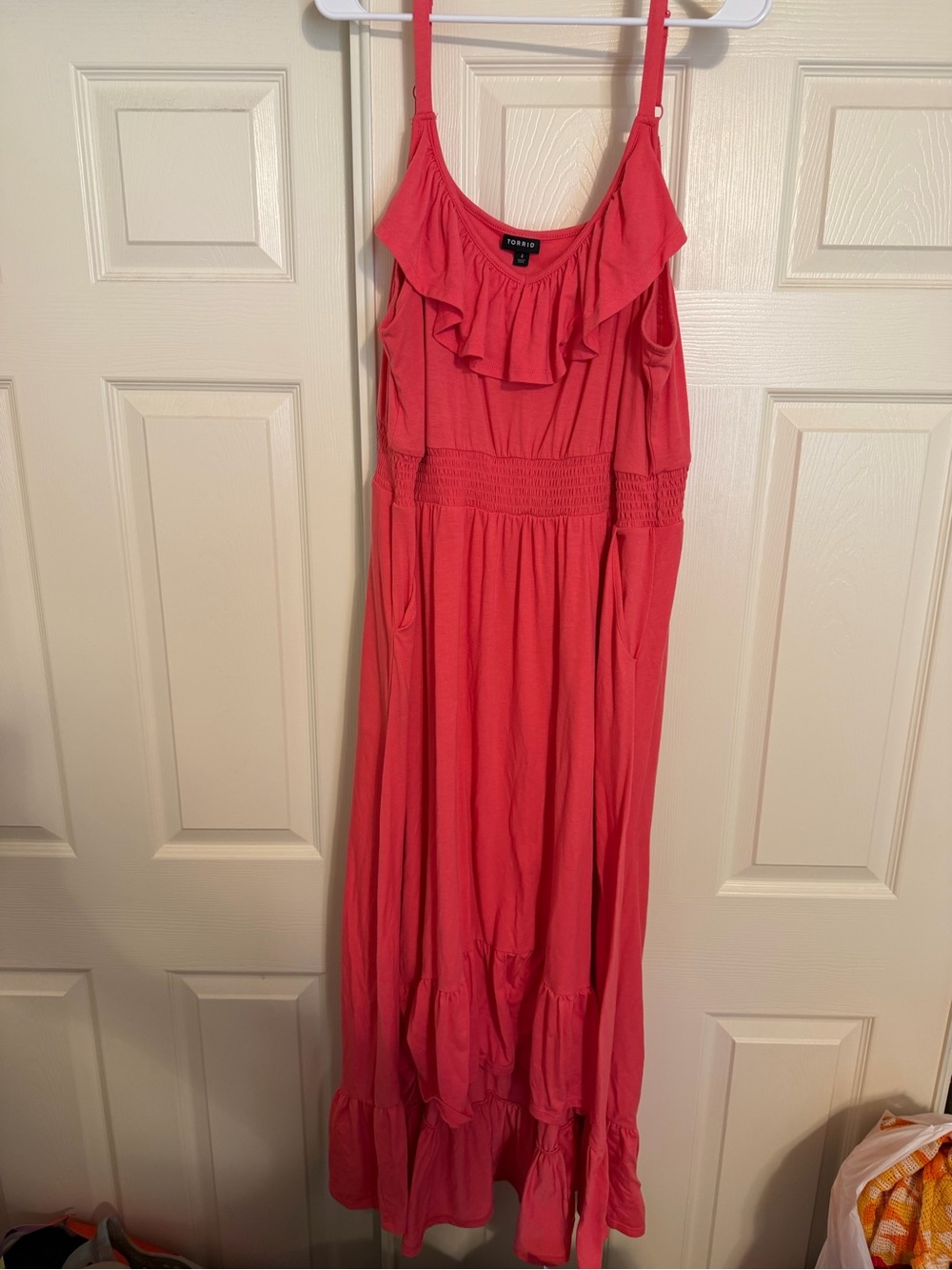Torrid Women's Coral Ruffle Maxi Dress with Smocked Waist Open Back